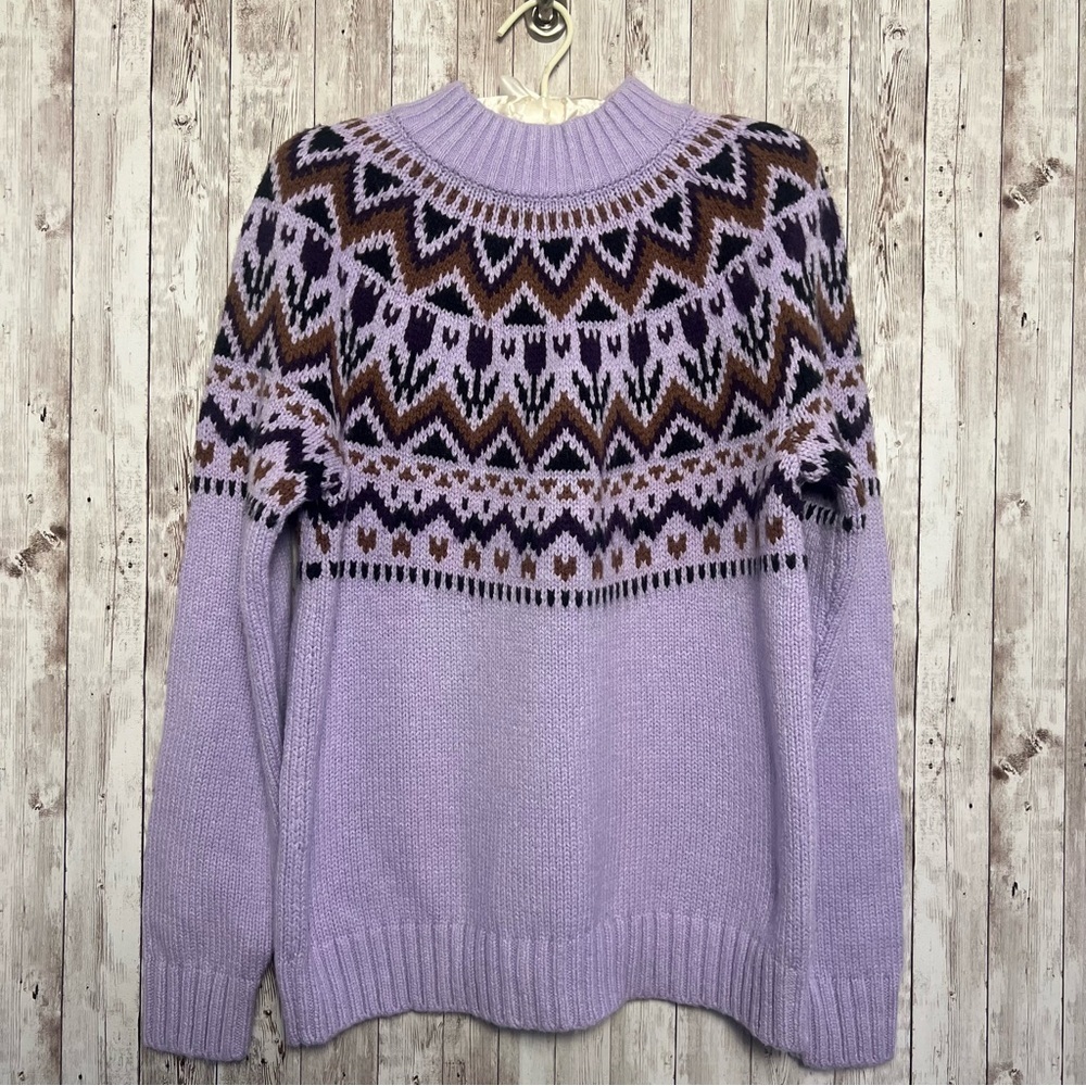 Lands' End Lavender Purple Women's Cozy Lofty Fair Isle Yoke Mock Neck Sweater